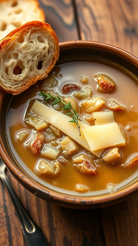 A bowl of French onion soup with melted cheese and toasted bread on a wooden table.